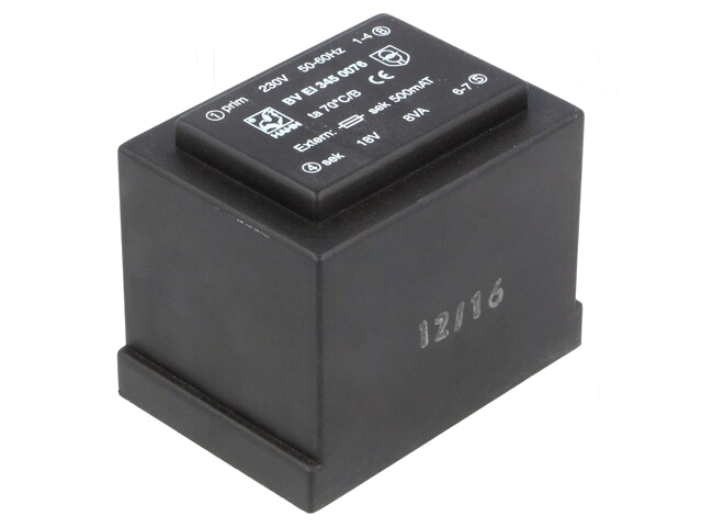 Transformator: ingegoten; 8VA; 230VAC; 18V; 444mA; PCB; BVEI Transformator: ingegoten; 8VA; 230VAC; 18V; 444mA; PCB; BVEI